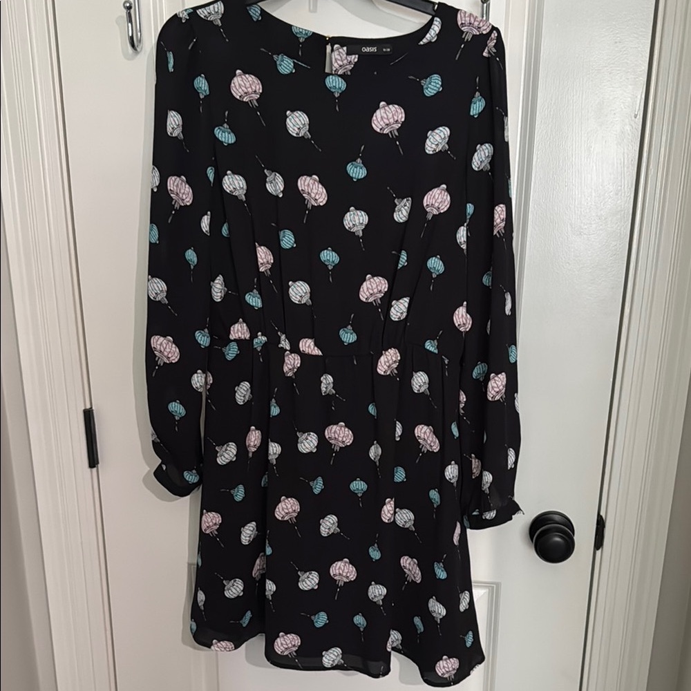 Oasis Blue and Pink Mini Dress with Bishop Sleeves